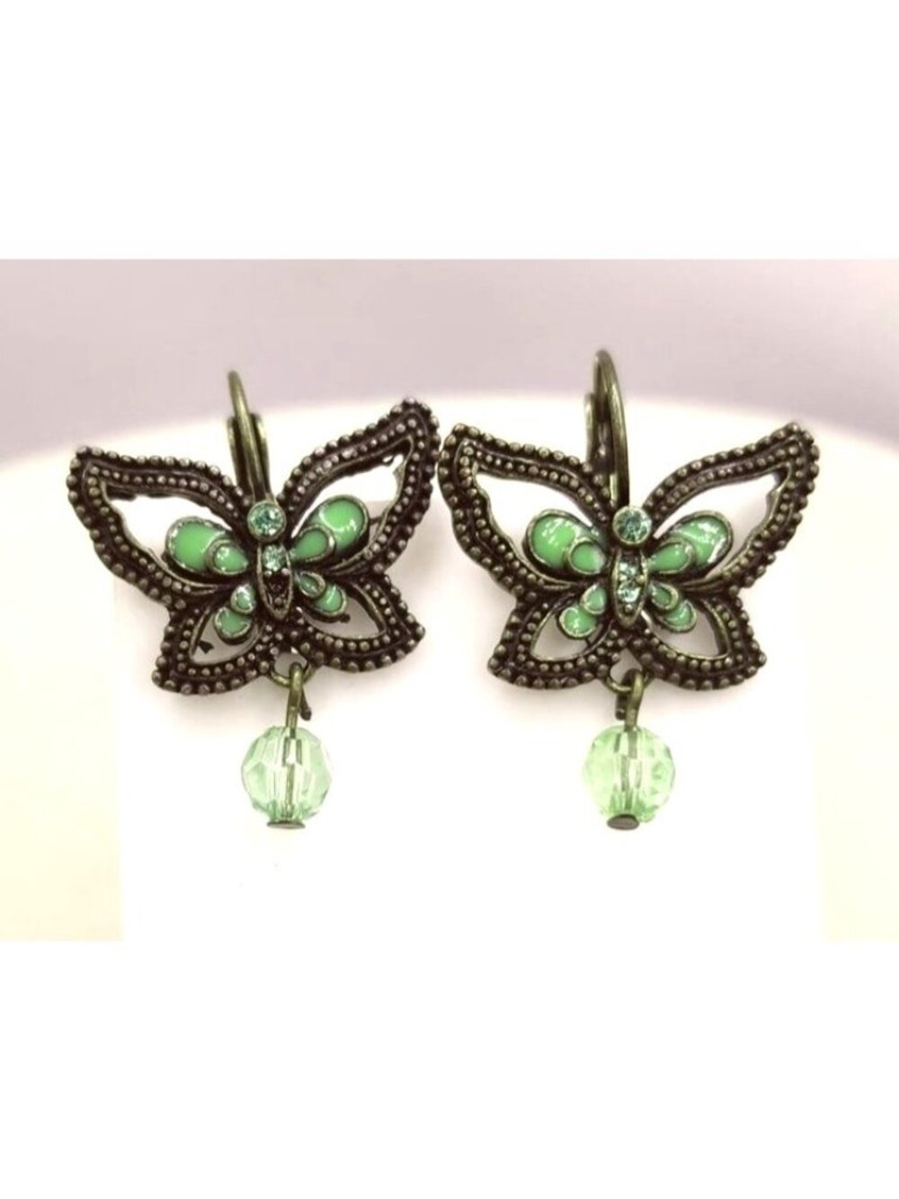 Bronze Butterfly Earrings With Green Enamel & Glass Beads